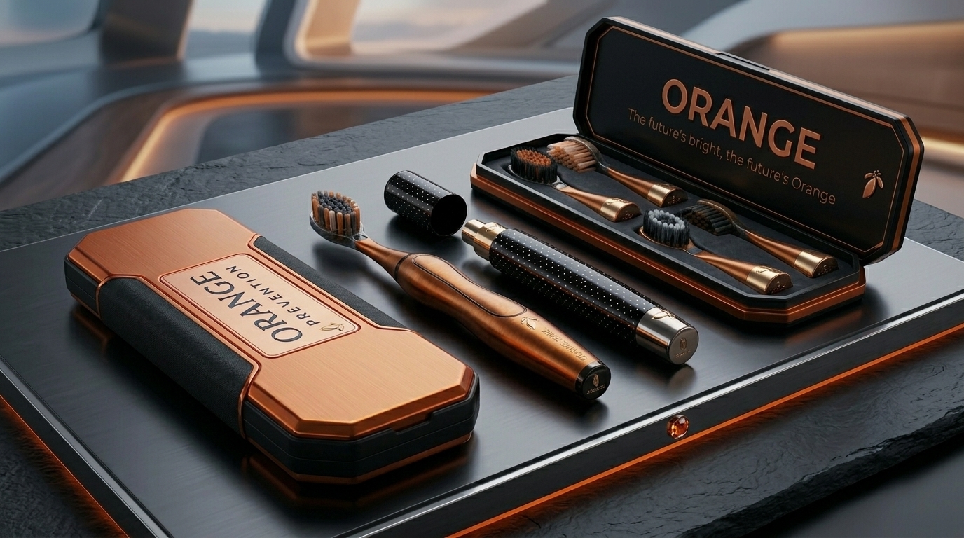 Coffret en métal cuivré ORANGE contenant brosses, outils et brosse à dents, sur fond de carte technique.